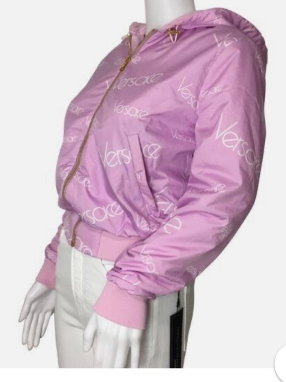 Versace Pink Logo Hooded Bomber Jacket - Picture 3 of 10